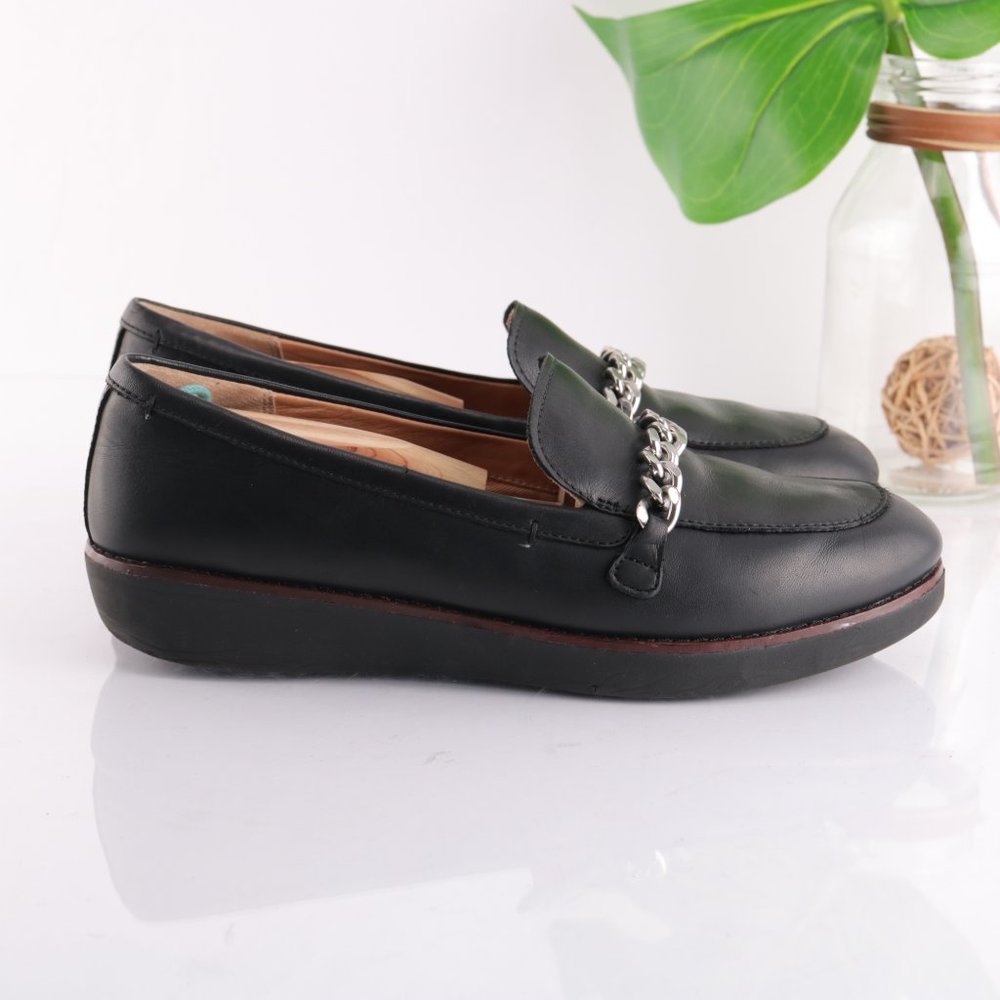Fitflop Petrina Chain Loafer Platfrom Slip On Women 9 Black Leather Comfy Toning - Picture 5 of 14